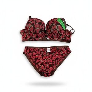 Best Bra Lingerie Set Brown Red Monogram Padded Underwire Bra Sz 40/90 Panty L